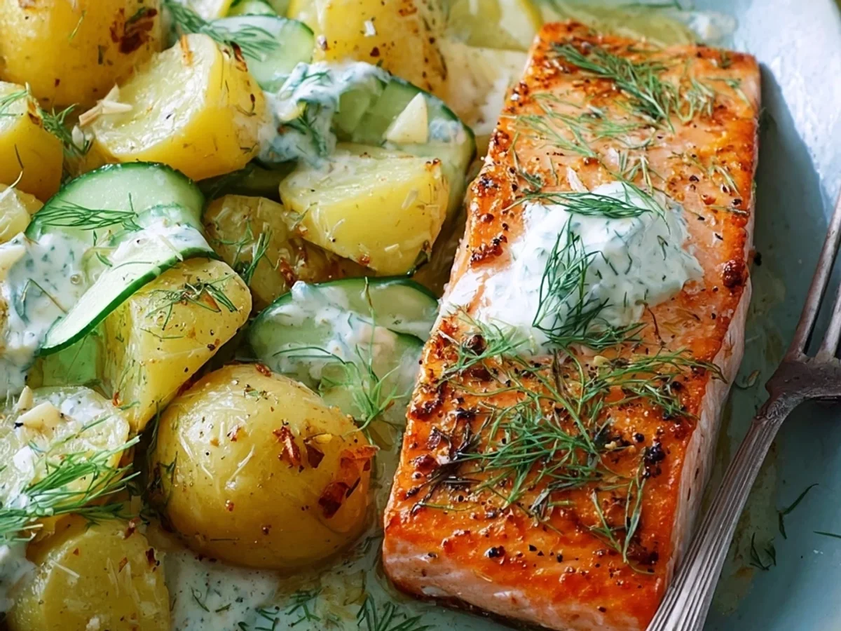 Ofen-Honiglachs mit Rahm-Gurken-Kartoffeln - Beitragsbild
