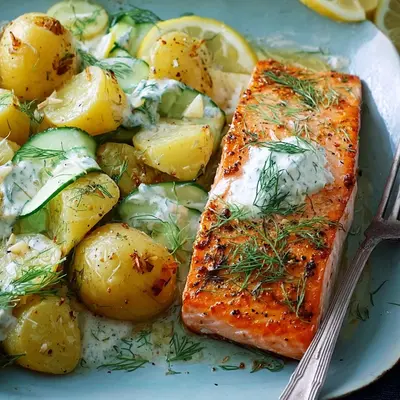 Ofen-Honiglachs mit Rahm-Gurken-Kartoffeln